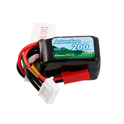 Gens ace 200mAh 3S 11.1V 30C LiPo Battery, Gens ace Adventure 200mAh 3S 11.1V 30C LiPo battery pack with red main lead and white balance connector