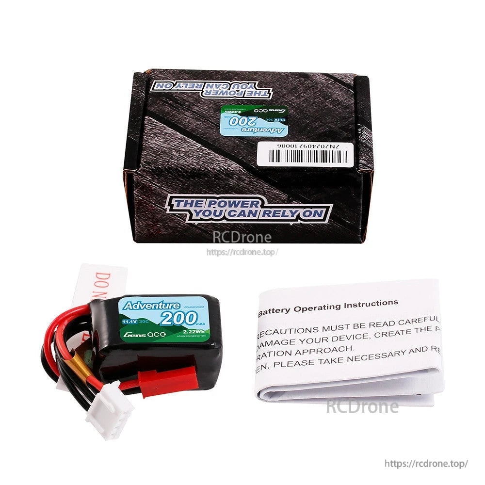 Gens ace 200mAh 3S 11.1V 30C LiPo Battery, Gens ace Adventure 200mAh 3S 11.1V 30C LiPo battery pack with lead connector, balance plug, box and manual