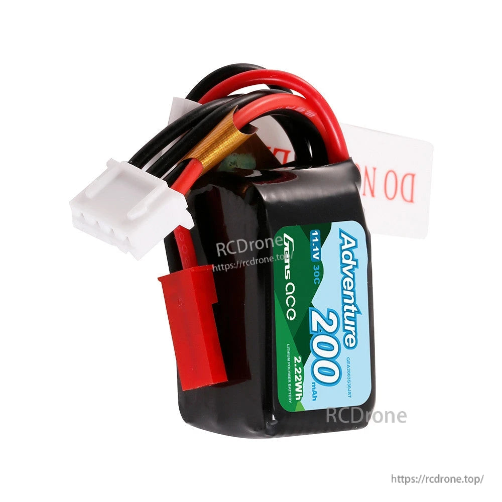 Gens ace 200mAh 3S 11.1V 30C LiPo Battery, Adventure 200mAh 3S 11.1V 30C LiPo battery pack with red power connector lead and white balance plug