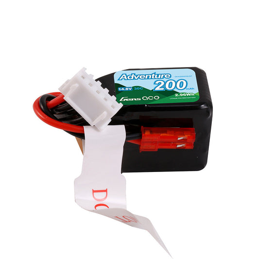 Gens ace 200mAh 4S 14.8V 30C LiPo Battery, Gens ace Adventure 200mAh 14.8V 30C 4S LiPo battery pack with red power lead and white balance connector