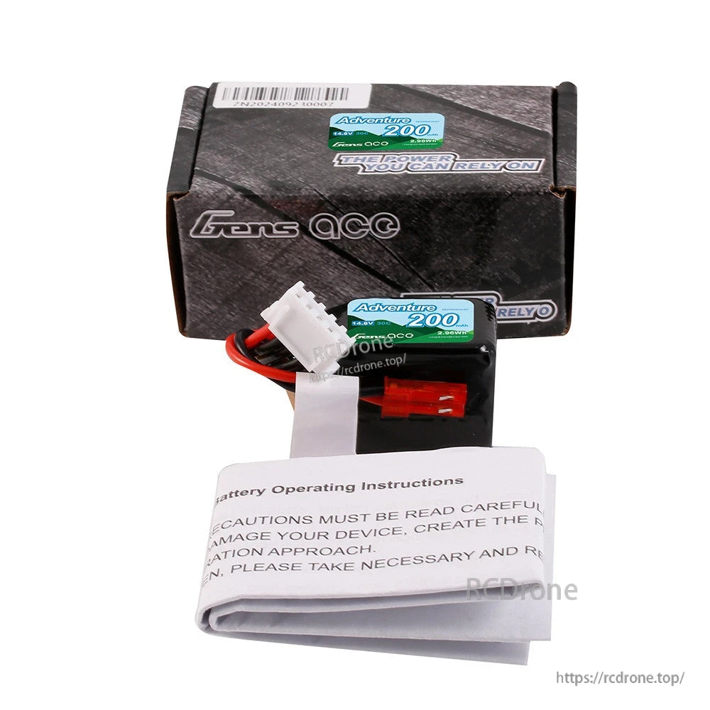 Gens ace 200mAh 4S 14.8V 30C LiPo Battery, Gens ace Adventure 200mAh 4S 14.8V 30C LiPo battery with red power plug, white balance connector, box and manual