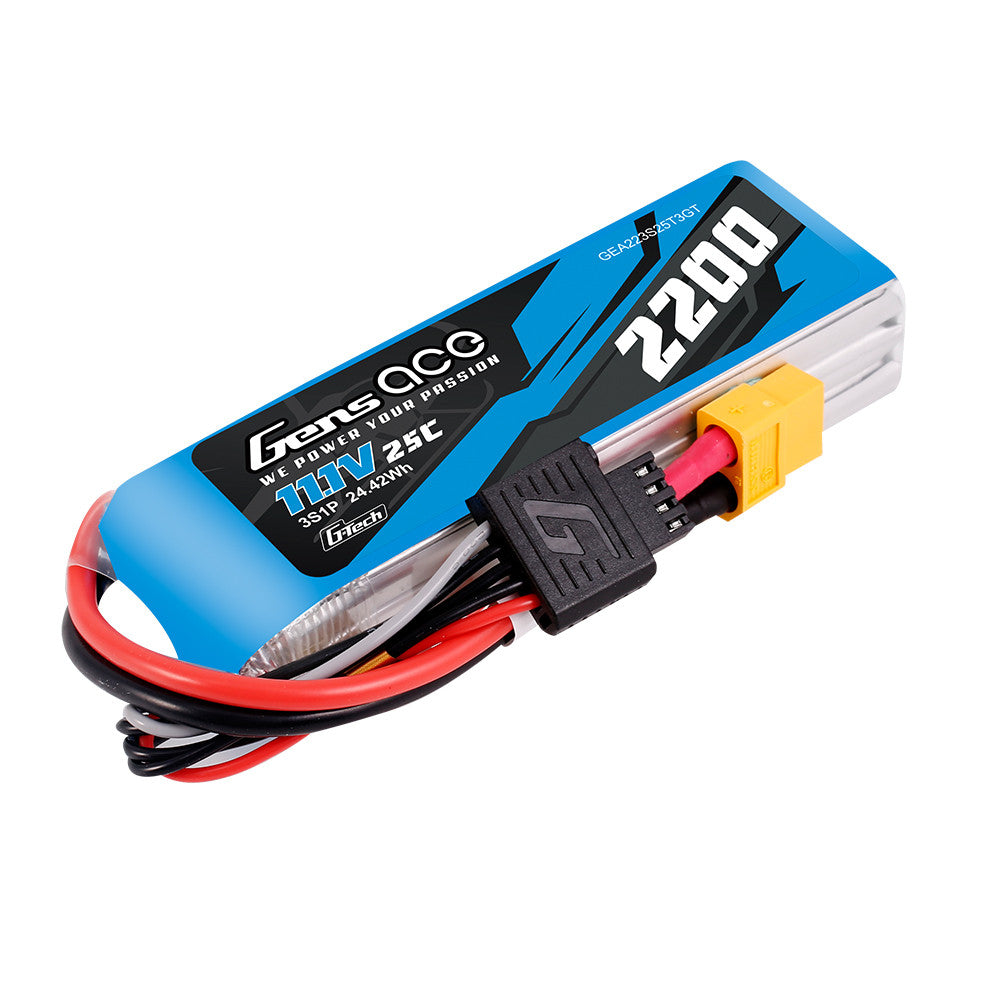Gens ace 2200mAh 3S 11.1V 25C G-Tech LiPo battery pack with XT60 connector and balance lead