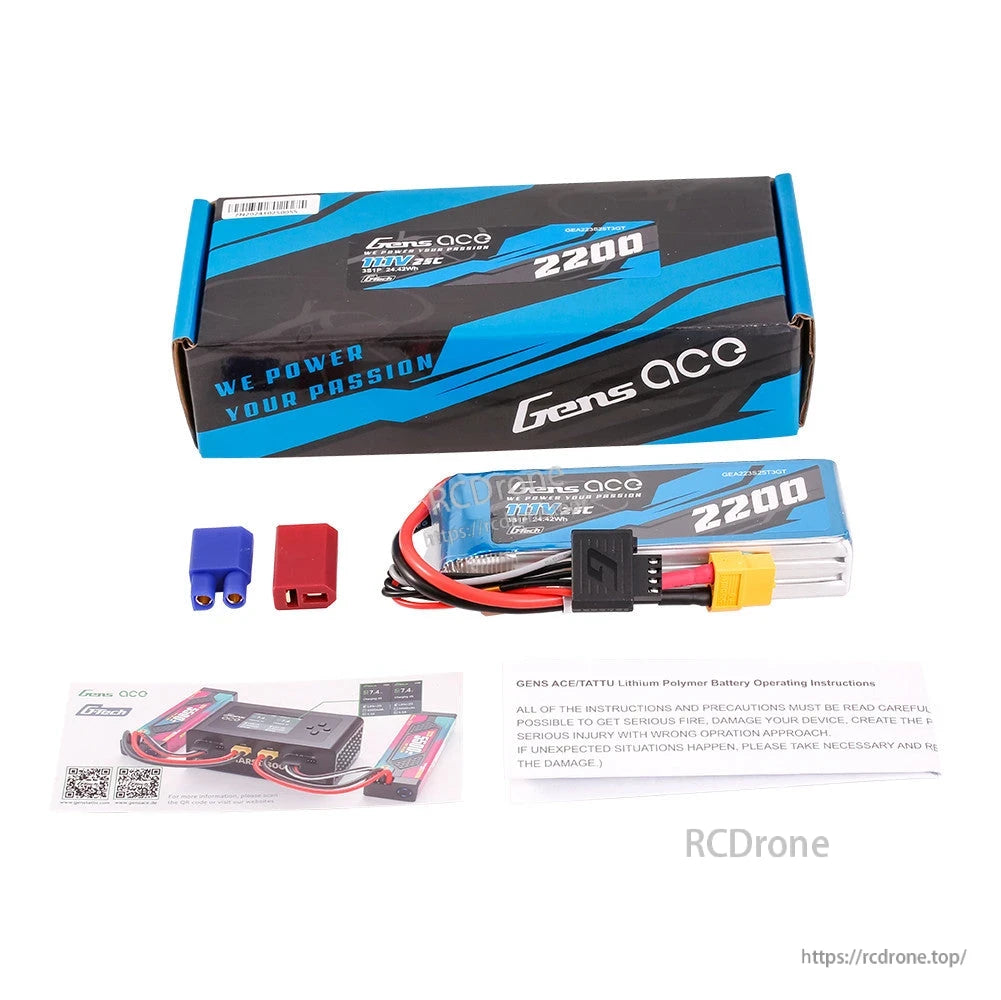 Gens ace 2200mAh 3S 11.1V 25C G-Tech LiPo Battery, Gens ace 2200mAh 3S 11.1V 25C LiPo battery with XT60-style plug, balance lead, and retail box