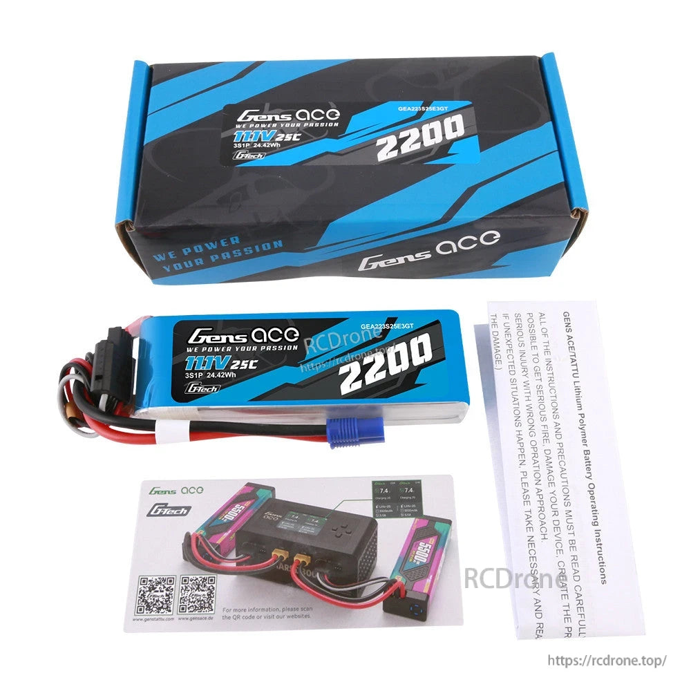 Gens ace 2200mAh 3S 11.1V 25C G-Tech LiPo battery pack with box, leads, and instruction sheet