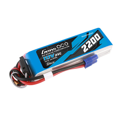 Gens ace 2200mAh 3S 11.1V 25C G-Tech LiPo battery pack with blue power connector and balance lead