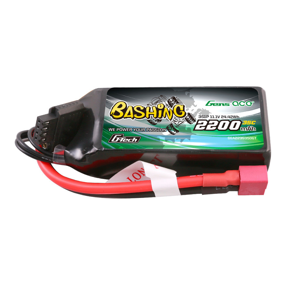 Gens ace 2200mAh 3S 11.1V 35C G-Tech LiPo Battery, Gens ace G-Tech 2200mAh 3S 11.1V 35C LiPo battery pack with red T-plug lead and balance connector