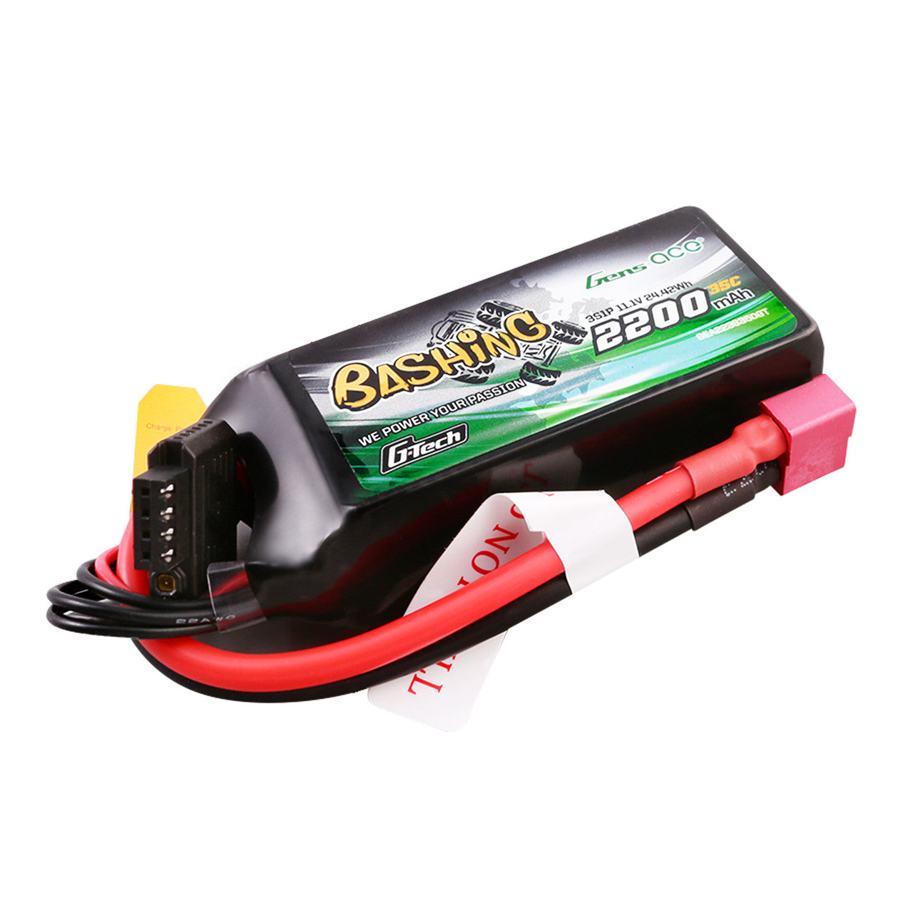 Gens ace 2200mAh 3S 11.1V 35C G-Tech LiPo Battery, Gens ace G-Tech 3S 11.1V 2200mAh 35C LiPo battery pack with balance lead and T-style plug connector