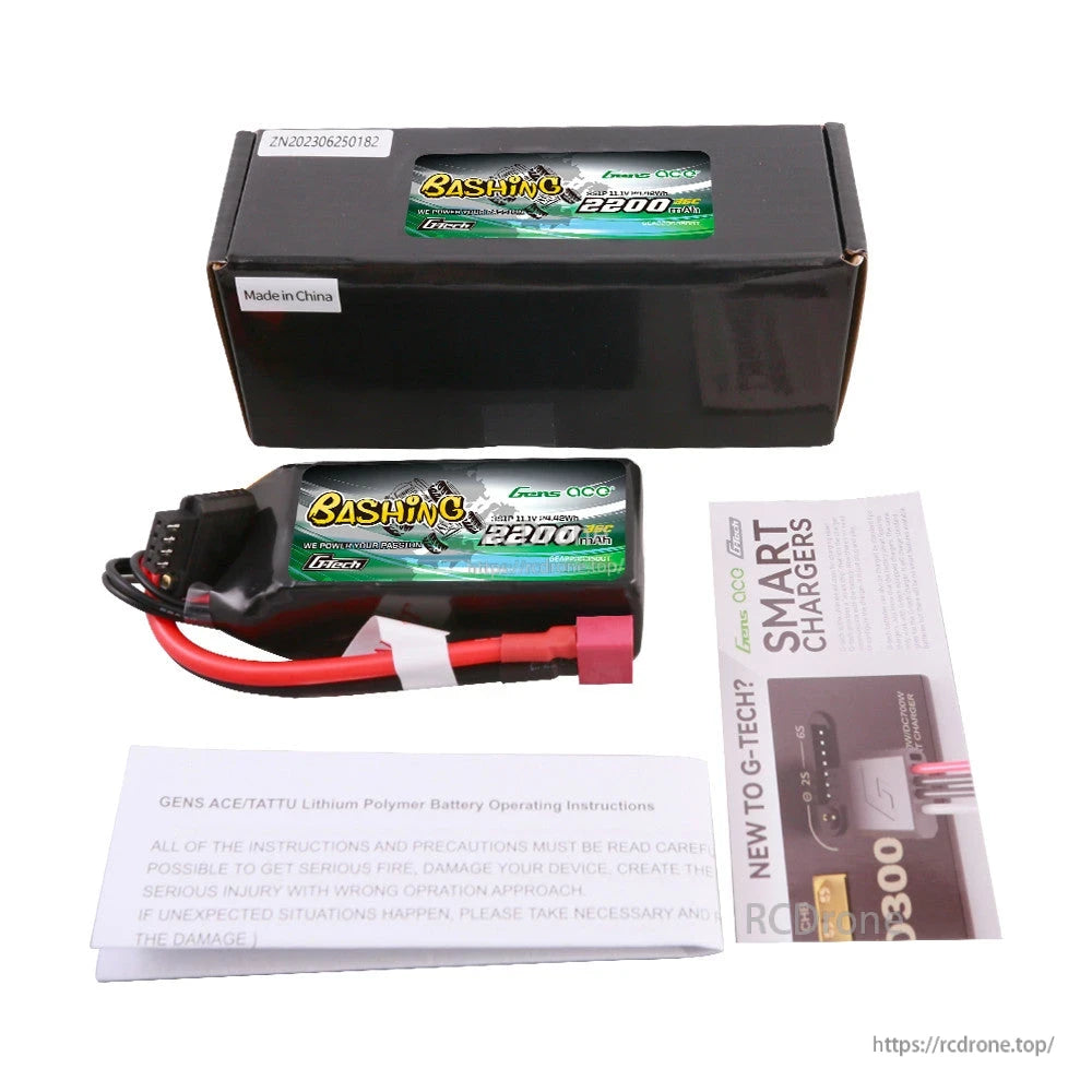 Gens ace 2200mAh 3S 11.1V 35C G-Tech LiPo Battery, Gens ace Bashing 2200mAh 3S 11.1V 35C G-Tech LiPo battery with main lead, balance plug, and packaging