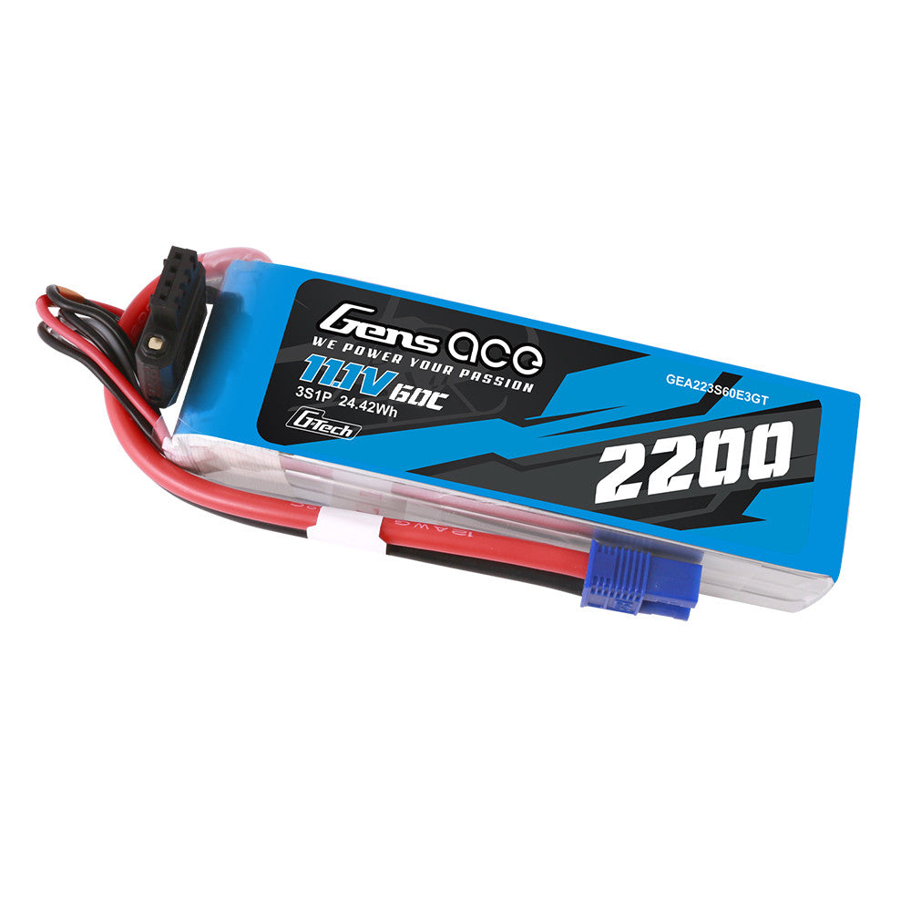 Gens ace 2200mAh 3S 11.1V 60C G-Tech LiPo battery pack with EC3 connector and 3S balance lead