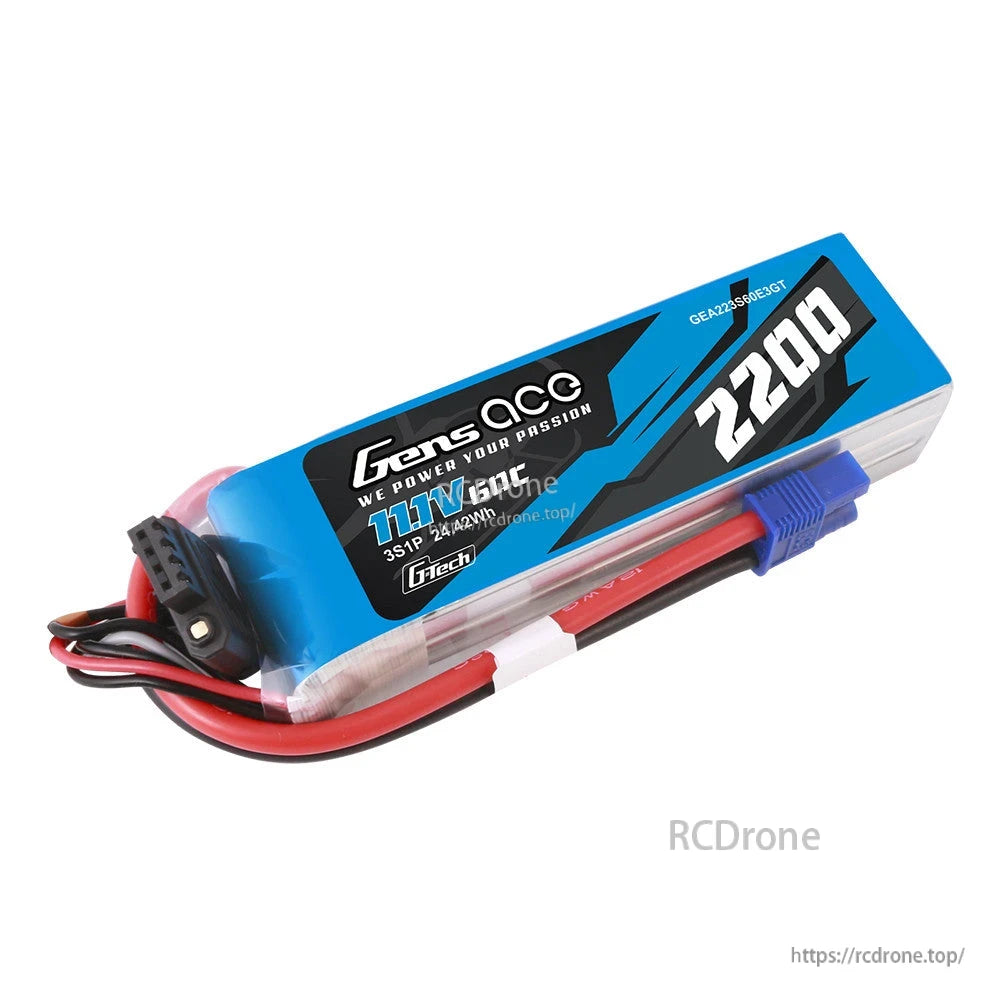 Gens ace 2200mAh 3S 11.1V 60C G-Tech LiPo Battery, Gens ace 2200mAh 3S 11.1V G-Tech LiPo battery pack with EC3 plug and balance lead wiring