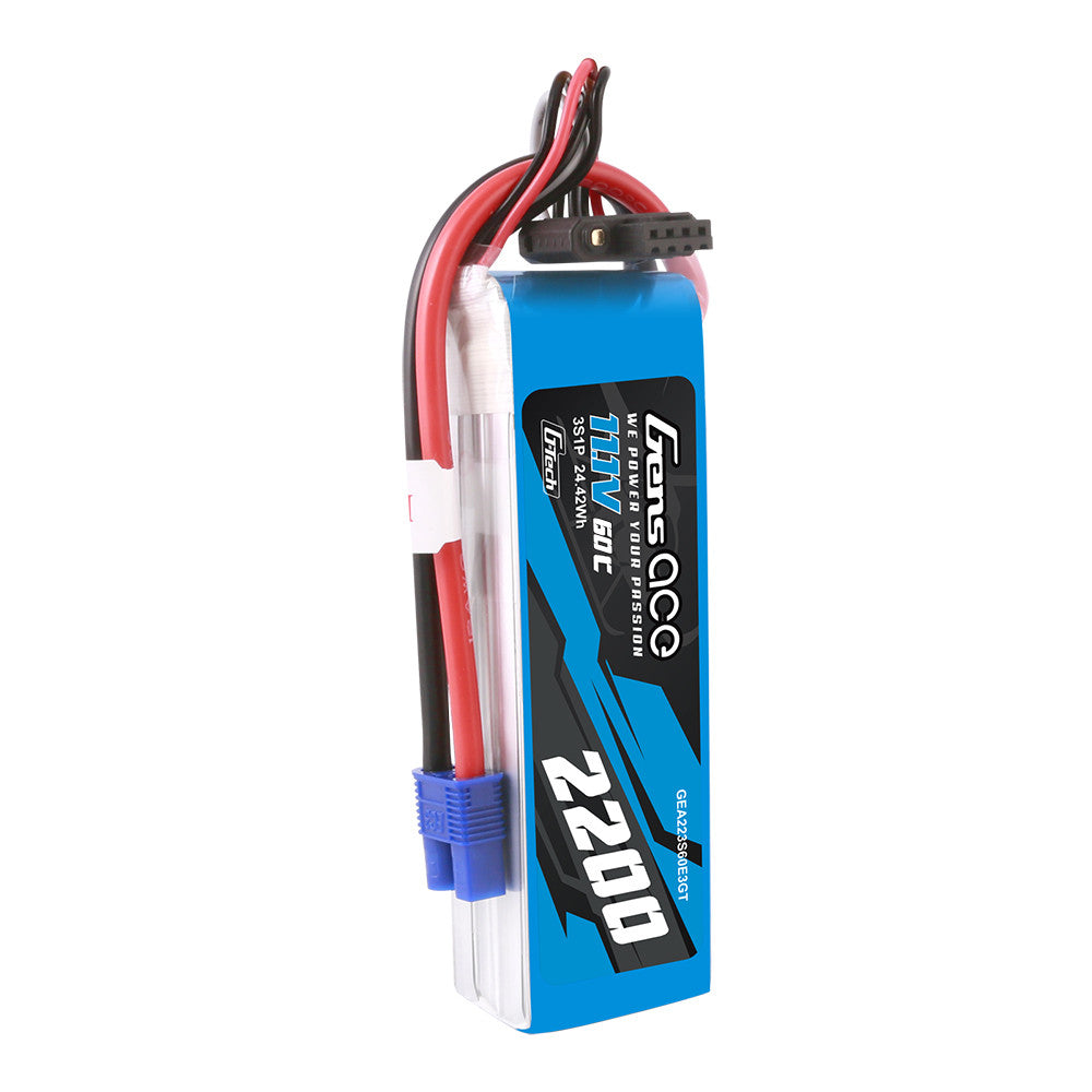Gens ace 2200mAh 3S 11.1V 60C G-Tech LiPo Battery, Gens ace G-Tech 3S 11.1V 2200mAh LiPo battery pack with blue EC3-style plug and balance lead