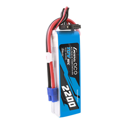Gens ace 2200mAh 3S 11.1V 60C G-Tech LiPo Battery, Gens ace G-Tech 3S 11.1V 2200mAh LiPo battery pack with blue EC3-style plug and balance lead