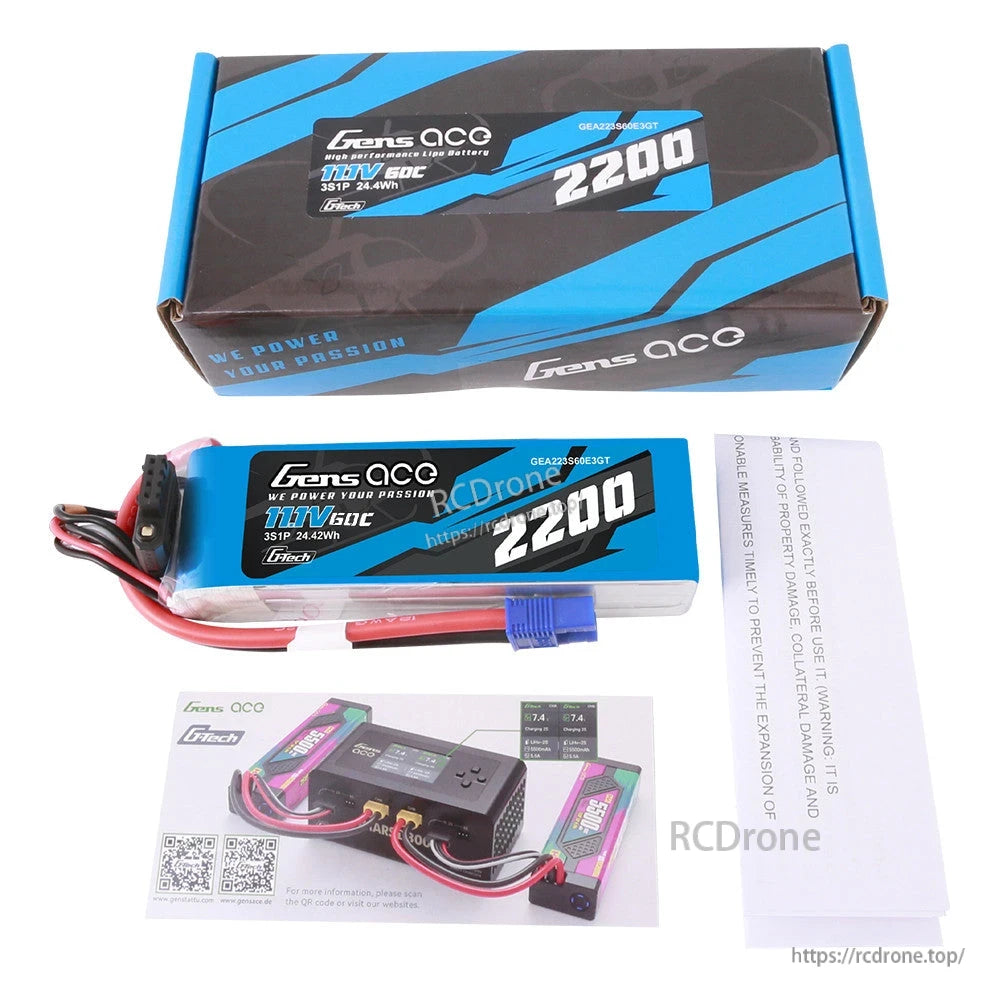 Gens ace 2200mAh 3S 11.1V 60C G-Tech LiPo battery pack with blue EC3-style plug, box and manual