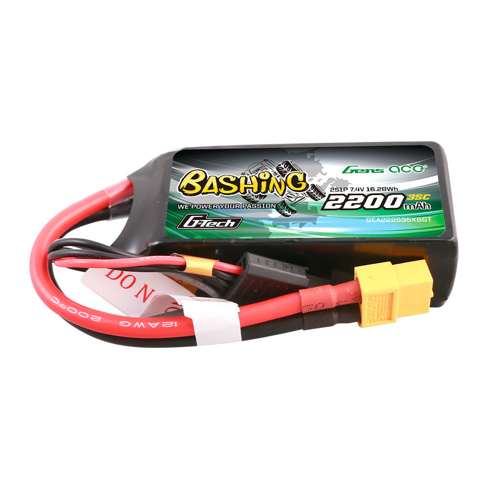 Gens ace 2200mAh 3S 35C 11.1V G-Tech LiPo Battery, Gens ace G-Tech 2200mAh 35C LiPo battery pack with XT60-style plug and balance lead, 2S 7.4V label