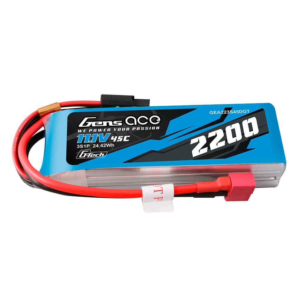 Gens ace 2200mAh 3S 45C 11.1V G-tech LiPo Battery, Gens ace 2200mAh 3S 11.1V 45C G-Tech LiPo battery pack with red T-plug lead and balance connector