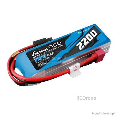 Gens ace 2200mAh 3S 45C 11.1V G-tech LiPo Battery, Gens ace 2200mAh 3S 11.1V 45C G-tech LiPo battery pack with main power lead and balance plug