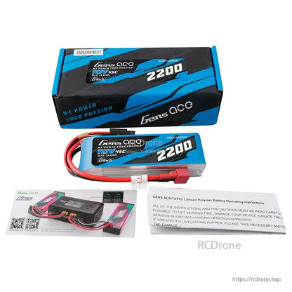 Gens ace 2200mAh 3S 45C 11.1V G-tech LiPo Battery, Gens ace 2200mAh 3S 11.1V 45C G-Tech LiPo battery pack with red T-plug connector, box and instructions