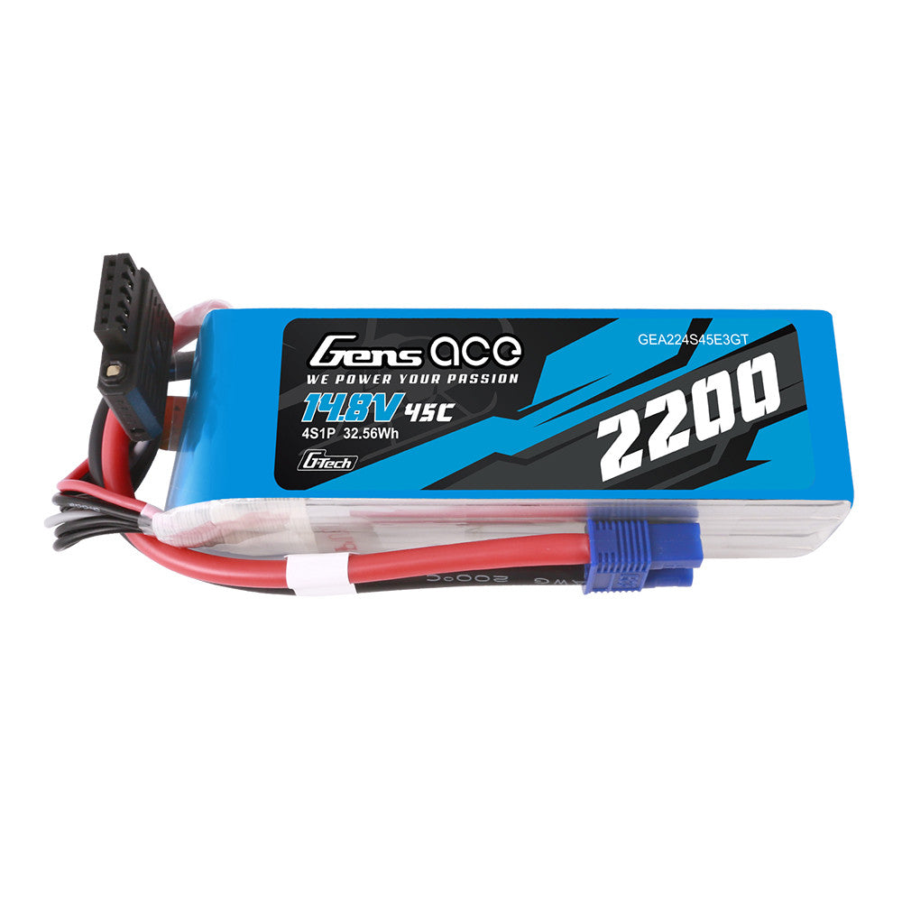 Gens ace 2200mAh 4S 14.8V 45C G-Tech LiPo battery pack with labeled case, power and balance leads