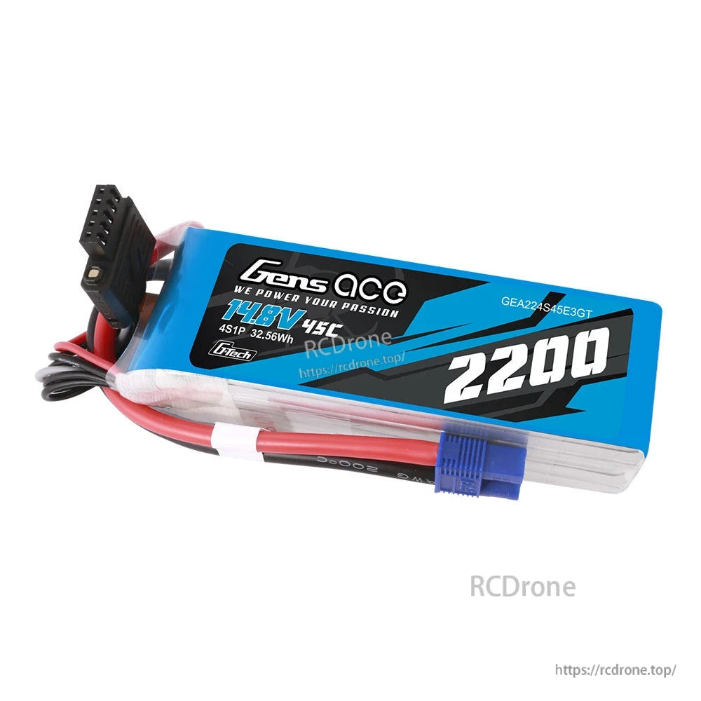 Gens ace 2200mAh 4S 14.8V 45C G-Tech LiPo Battery, Gens ace 2200mAh 4S 14.8V 45C LiPo battery pack with blue main connector and balance lead