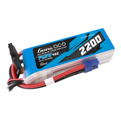Gens ace 2200mAh 4S 14.8V 45C G-Tech LiPo battery pack with main power lead and balance plug