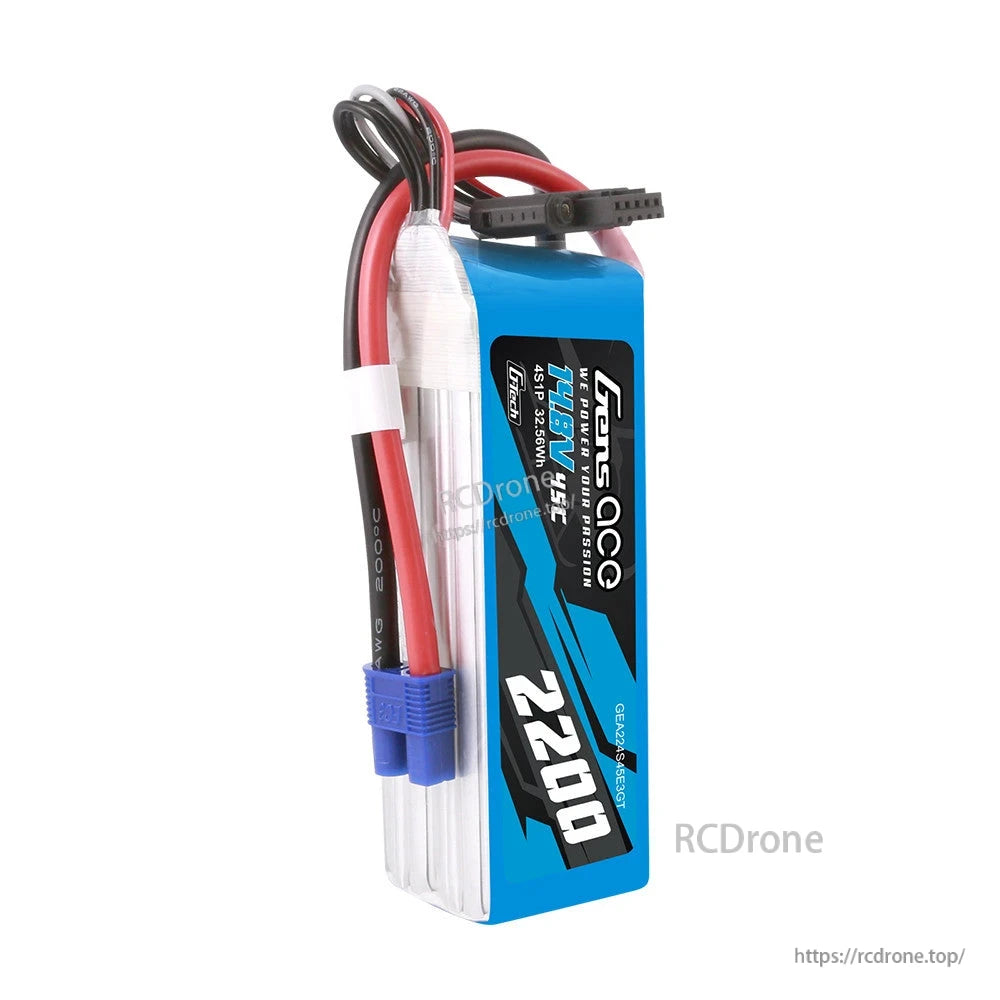 Gens ace 2200mAh 4S 14.8V 45C G-Tech LiPo Battery, Gens ace 2200mAh 4S 14.8V 45C LiPo battery pack with blue power plug and balance lead