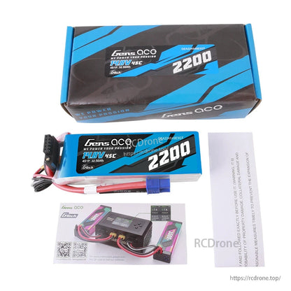 Gens ace 2200mAh 4S 14.8V 45C G-Tech LiPo battery pack with main lead, balance plug, box and paperwork