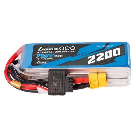Gens ace 2200mAh 4S 45C 14.8V G-Tech LiPo Battery, Gens ace 2200mAh 4S 14.8V 45C G-Tech LiPo battery pack with XT60 plug and balance connector