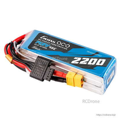 Gens ace 2200mAh 4S 45C 14.8V G-Tech LiPo Battery, Gens ace 2200mAh 4S 14.8V 45C G-Tech LiPo battery pack with yellow XT60 power lead and balance plug