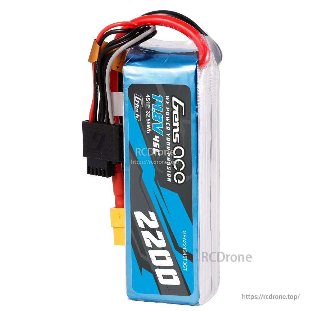 Gens ace 2200mAh 4S 45C 14.8V G-Tech LiPo Battery, Gens ace 2200mAh 4S 14.8V 45C G-Tech LiPo battery pack with XT60-style plug and balance lead