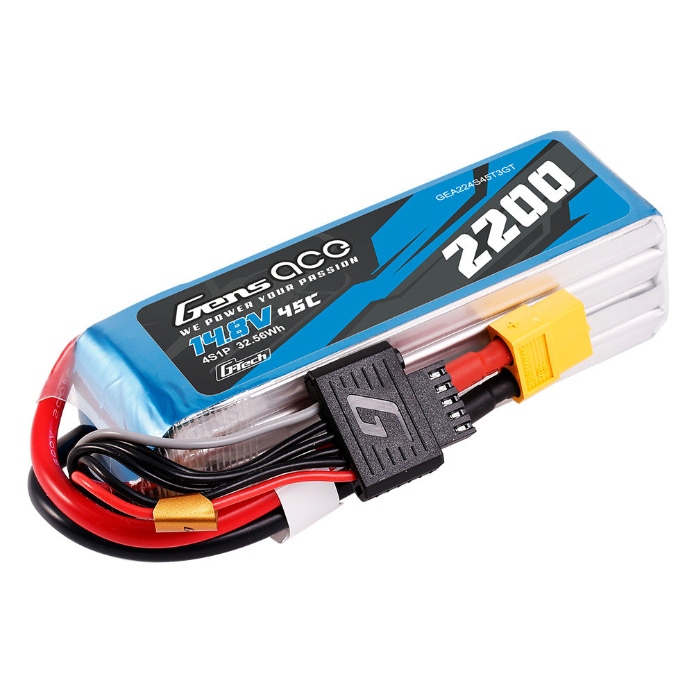 Gens ace 2200mAh 4S 45C 14.8V G-Tech LiPo Battery, Gens ace 2200mAh 4S 14.8V 45C G-Tech LiPo battery pack with yellow XT60-style connector and balance plug