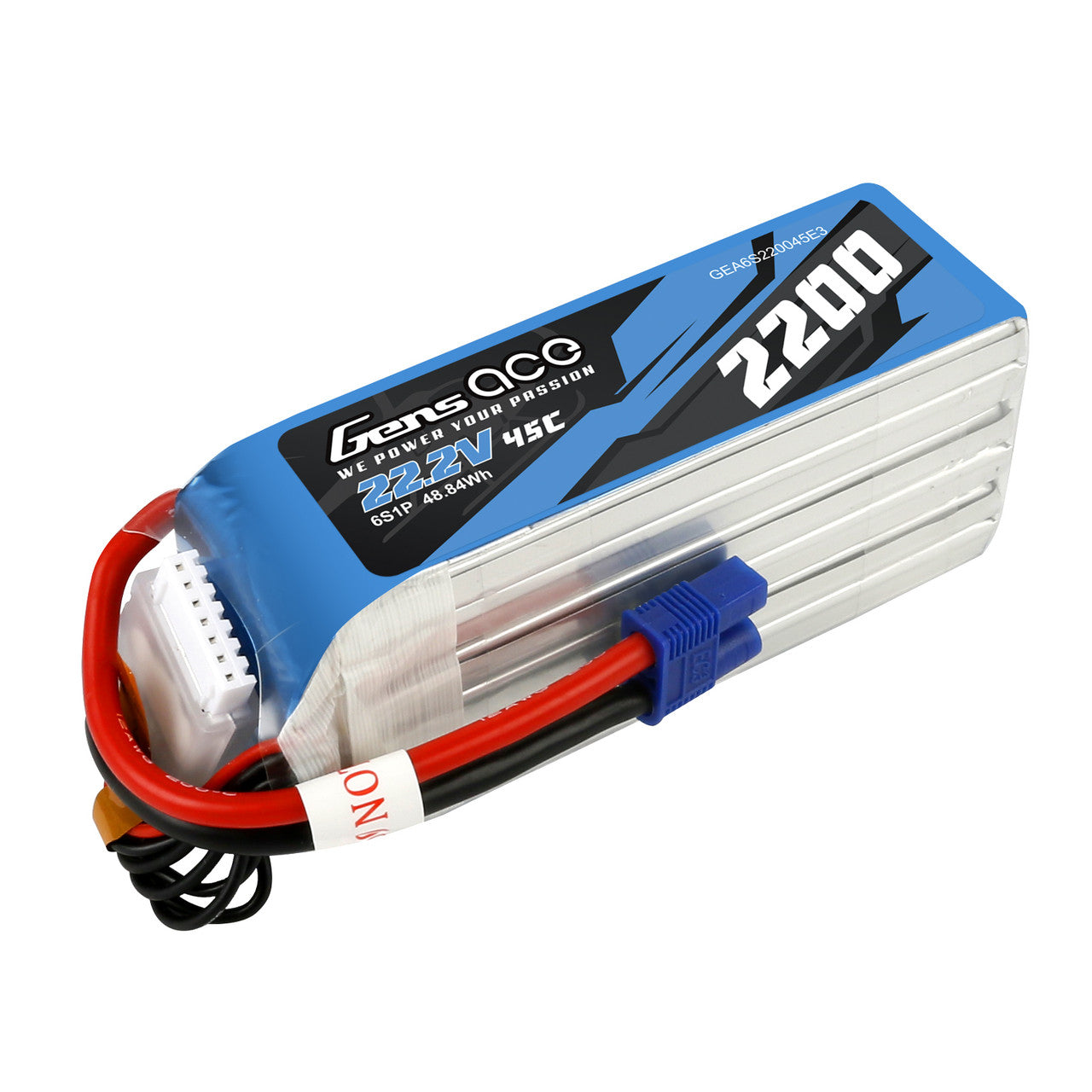 Gens ace 2200mAh 6S 45C 22.2V LiPo Battery, Gens ace 2200mAh 6S 22.2V 45C LiPo battery pack with EC3-style plug and white balance lead