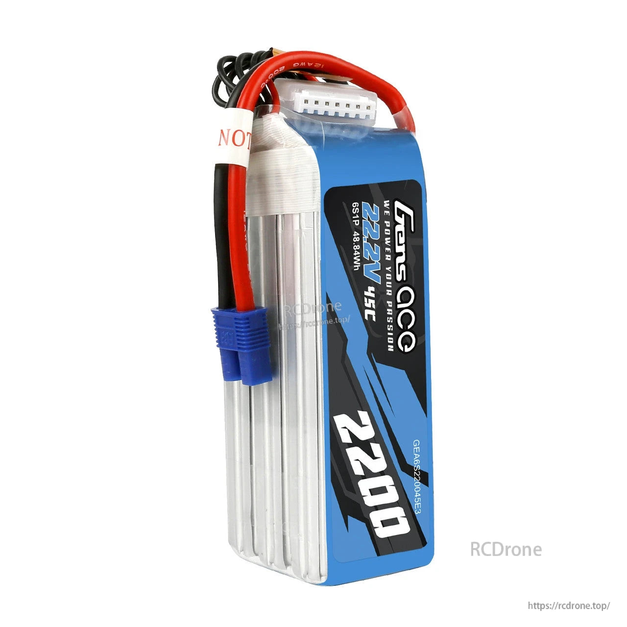 Gens ace 2200mAh 6S 45C 22.2V LiPo Battery, Gens ace 2200mAh 6S 22.2V 45C LiPo battery pack with main power lead, blue connector, and balance plug