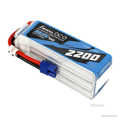 Gens ace 2200mAh 6S 45C 22.2V LiPo Battery, Gens ace 2200mAh 6S 22.2V 45C LiPo battery pack with blue EC3-style connector and balance lead