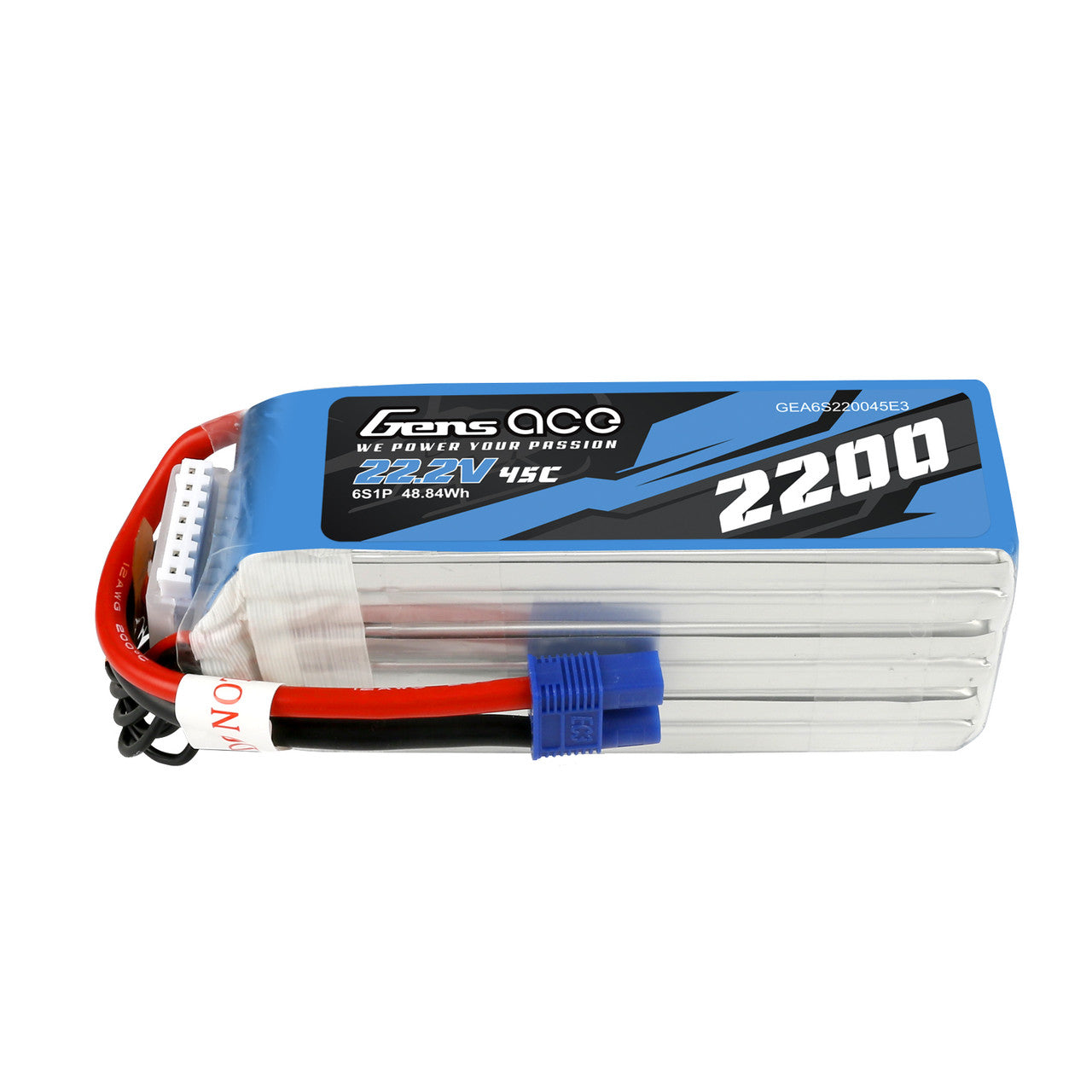 Gens ace 2200mAh 6S 45C 22.2V LiPo Battery, Gens ace 2200mAh 6S 22.2V 45C LiPo battery pack with blue power connector and balance lead