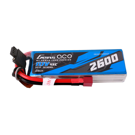 Gens ace 2600mAh 3S 45C 11.1V G-Tech LiPo Battery, Gens ace 2600mAh 3S 11.1V 45C G-Tech LiPo battery pack with main power lead and balance connector