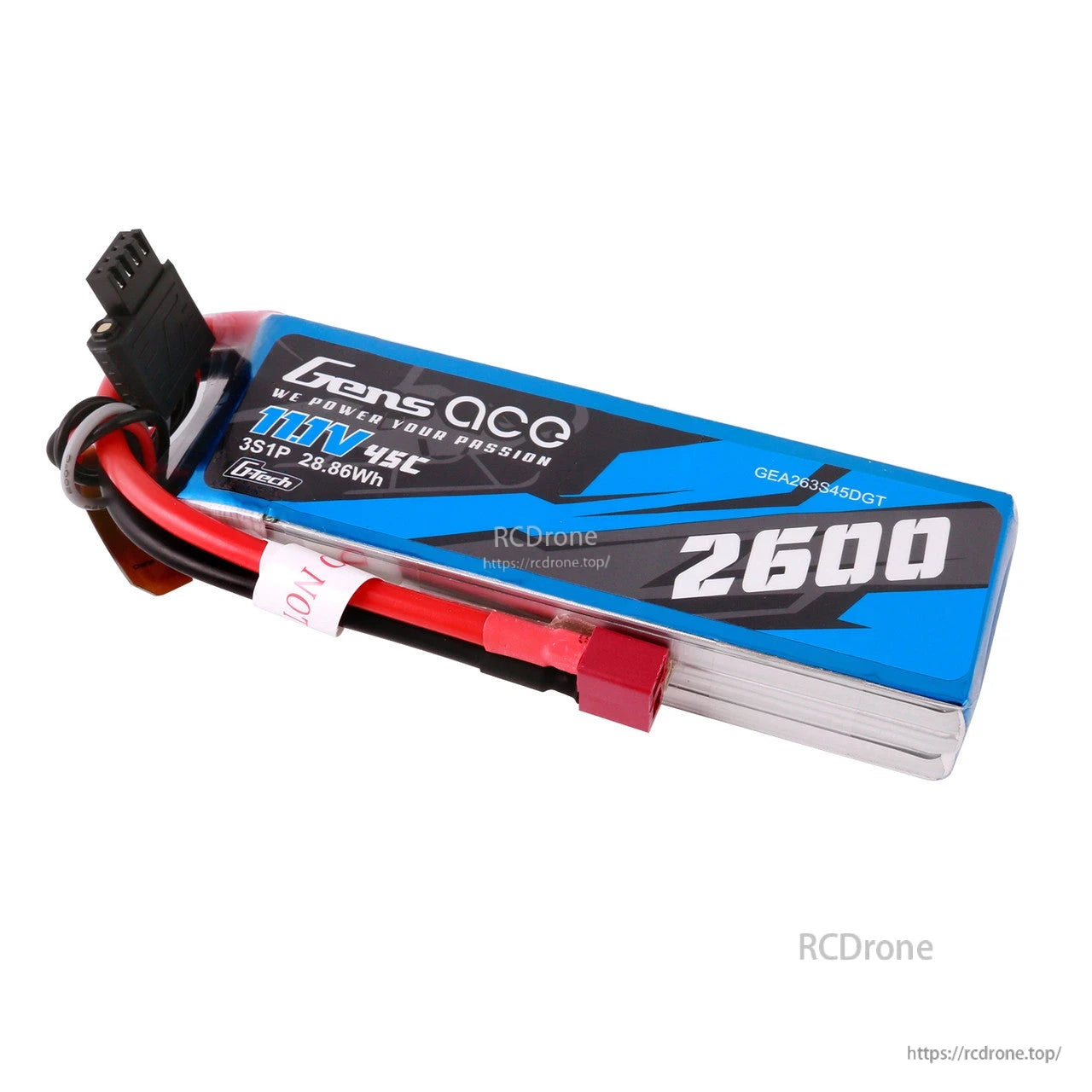 Gens ace 2600mAh 3S 45C 11.1V G-Tech LiPo Battery, Gens ace 2600mAh 3S 11.1V 45C G-Tech LiPo battery pack with main power lead and balance connector