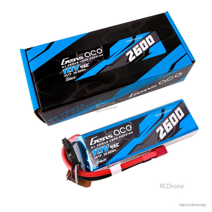 Gens ace 2600mAh 3S 45C 11.1V G-Tech LiPo Battery, Gens ace 2600mAh 3S 11.1V 45C G-Tech LiPo battery pack with balance lead and red power connector