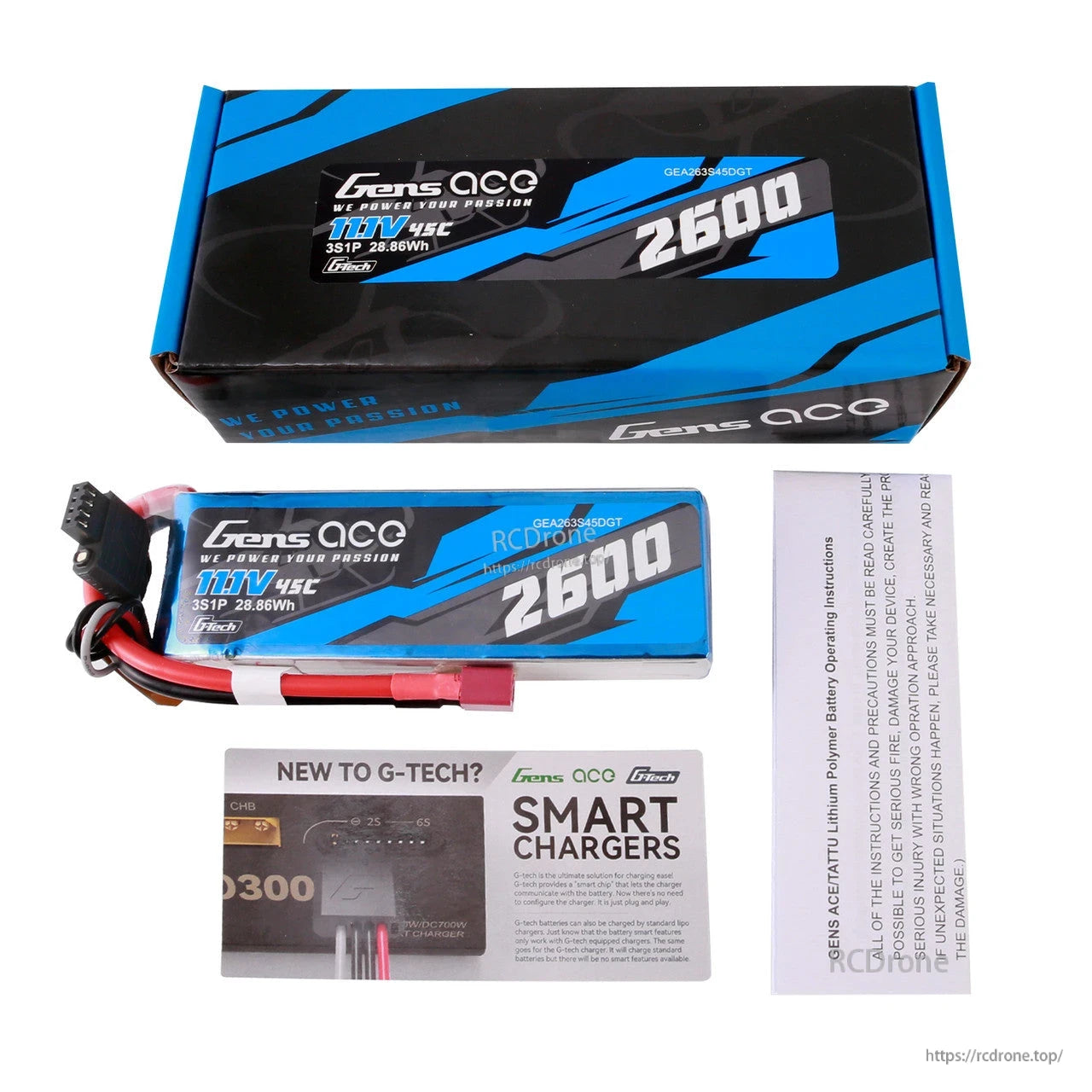 Gens ace 2600mAh 3S 45C 11.1V G-Tech LiPo Battery, Gens ace 2600mAh 3S 11.1V 45C G-Tech LiPo battery pack with main power lead, balance plug, and box