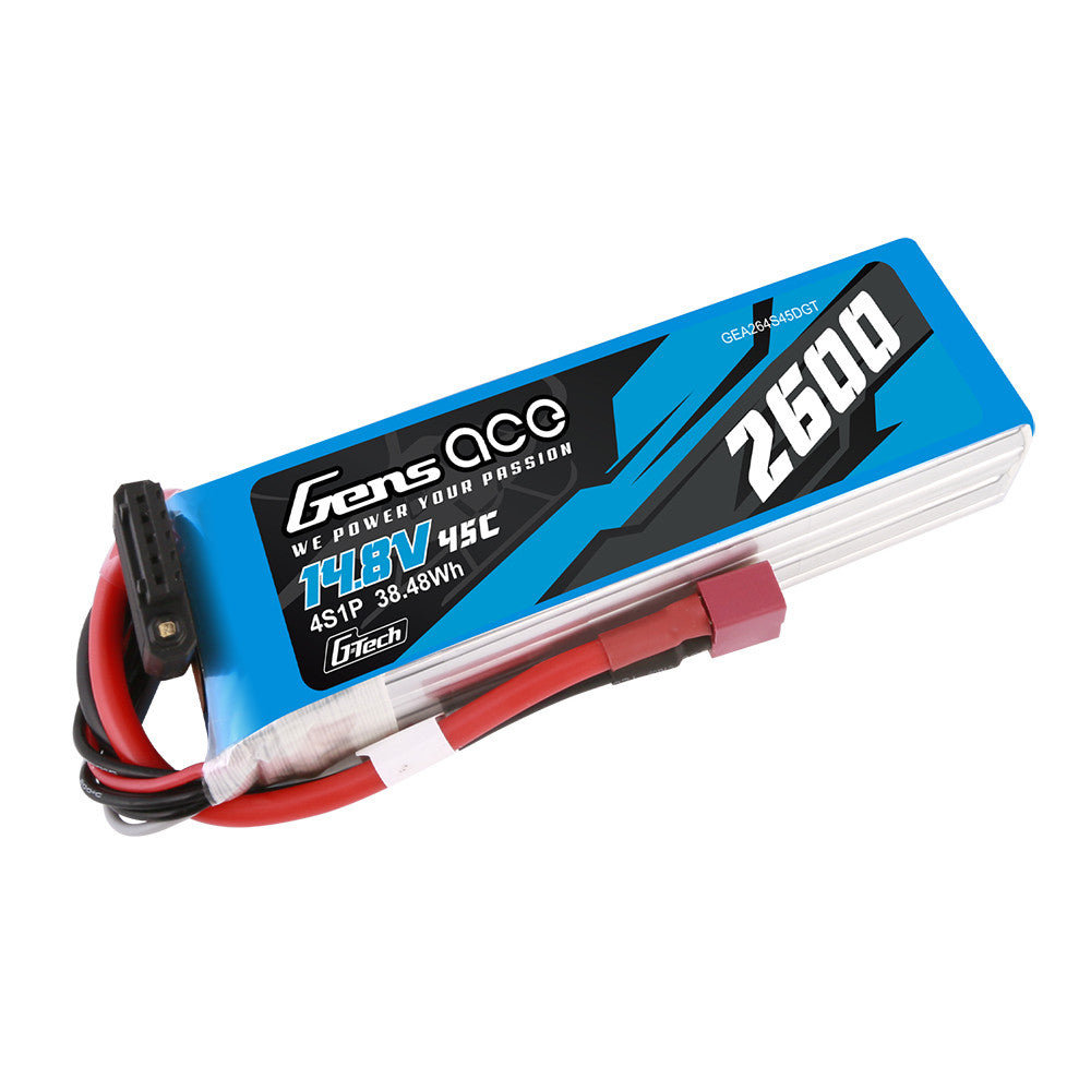 Gens ace 2600mAh 45C 4S 14.8V G-tech LiPo Battery, Gens ace 2600mAh 4S 14.8V 45C G-Tech LiPo battery pack with main plug and balance lead