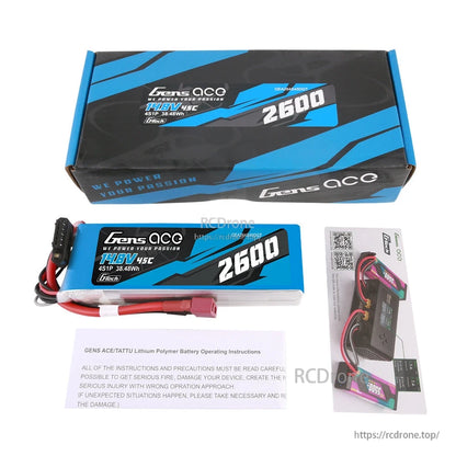 Gens ace 2600mAh 45C 4S 14.8V G-tech LiPo Battery, Gens ace 2600mAh 4S 14.8V 45C G-tech LiPo battery pack with balance lead, T-plug connector, and box
