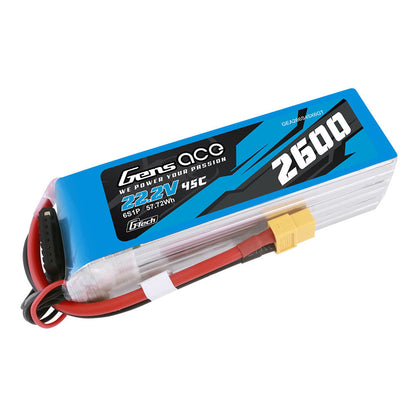 Gens ace 2600mAh 6S 22.2V 45C G-Tech LiPo battery pack with XT60 plug and balance lead
