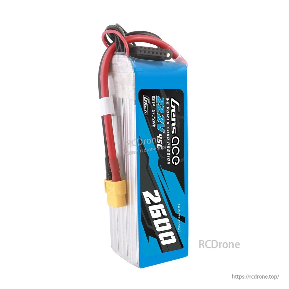 Gens ace 2600mAh 6S 22.2V 45C G-Tech LiPo Battery, Gens ace 2600mAh 6S 22.2V 45C LiPo battery pack with XT60-style connector and balance lead