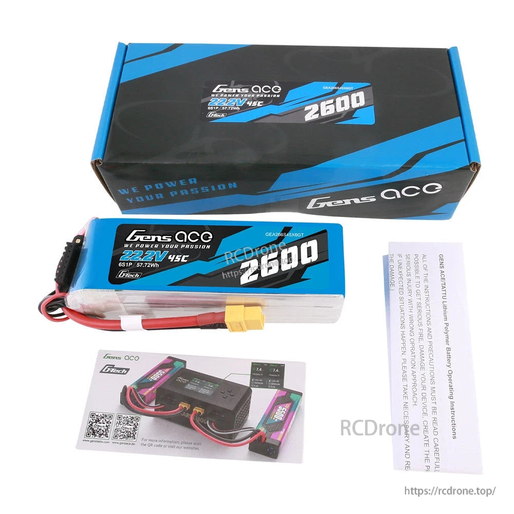 Gens ace 2600mAh 6S 22.2V 45C G-Tech LiPo battery pack with XT60 connector, box, and manual