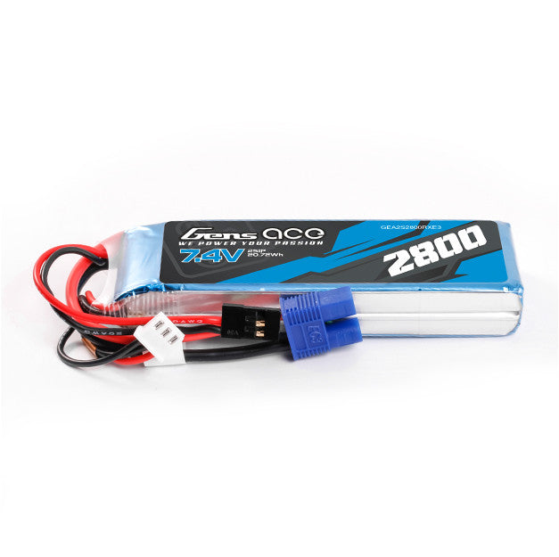 Gens ace 2800mAh 2S1P 7.4V RX LiPo Battery, Gens ace 7.4V 2800mAh 2S LiPo receiver battery pack with blue EC3-style plug and balance lead