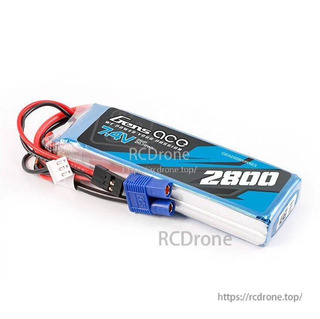 Gens ace 2800mAh 2S1P 7.4V RX LiPo Battery, Gens ace 7.4V 2800mAh 2S LiPo RX battery pack with blue power plug and white balance connector leads