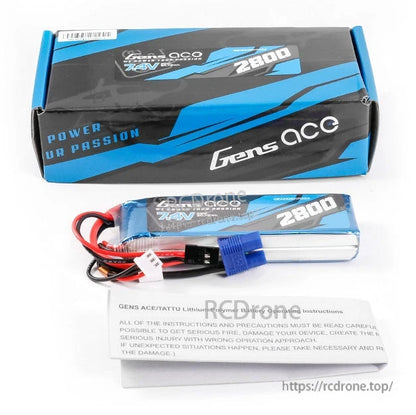 Gens ace 2800mAh 2S1P 7.4V RX LiPo Battery, Gens ace 7.4V 2800mAh 2S LiPo RX battery pack with leads, blue connector, and instruction sheet