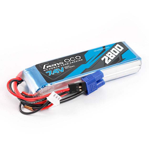 Gens ace 2800mAh 2S1P 7.4V RX LiPo Battery, Gens ace 7.4V 2800mAh 2S LiPo battery pack with blue power connector and balance lead