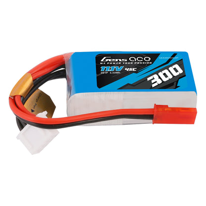 Gens ace 300mAh 3S 11.1V 45C LiPo battery pack with red main power lead and white balance connector