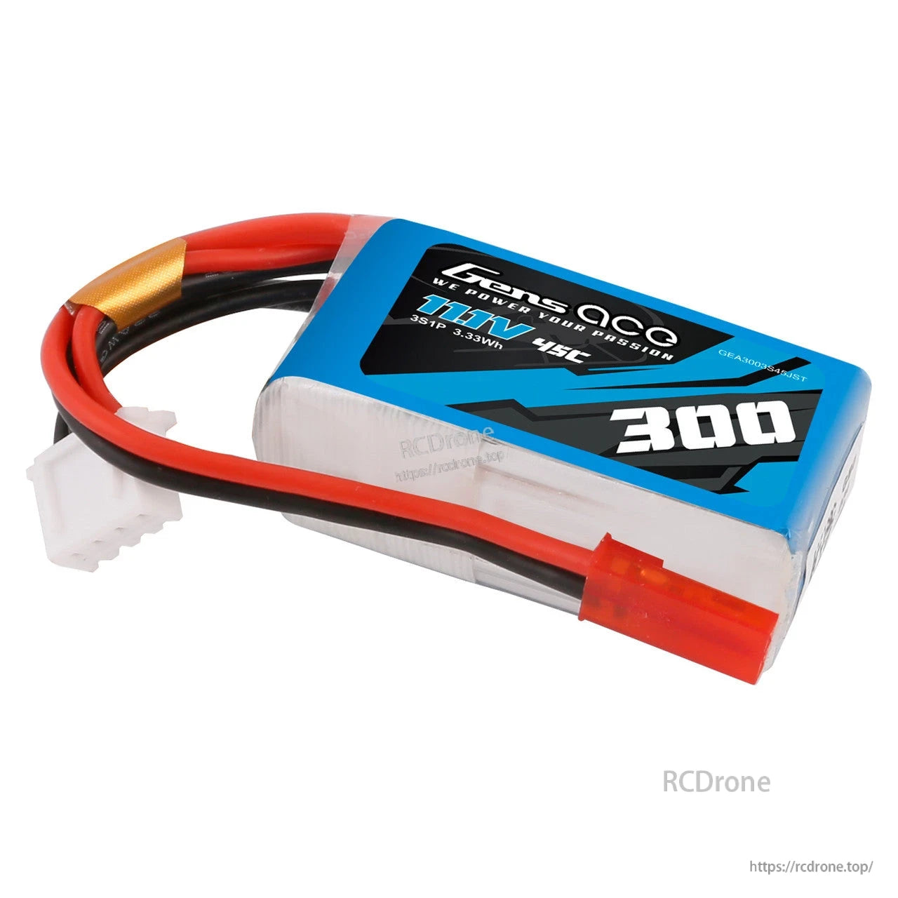 Gens ace 300mAh 3S 11.1V 45C LiPo battery pack with red power lead and white balance connector