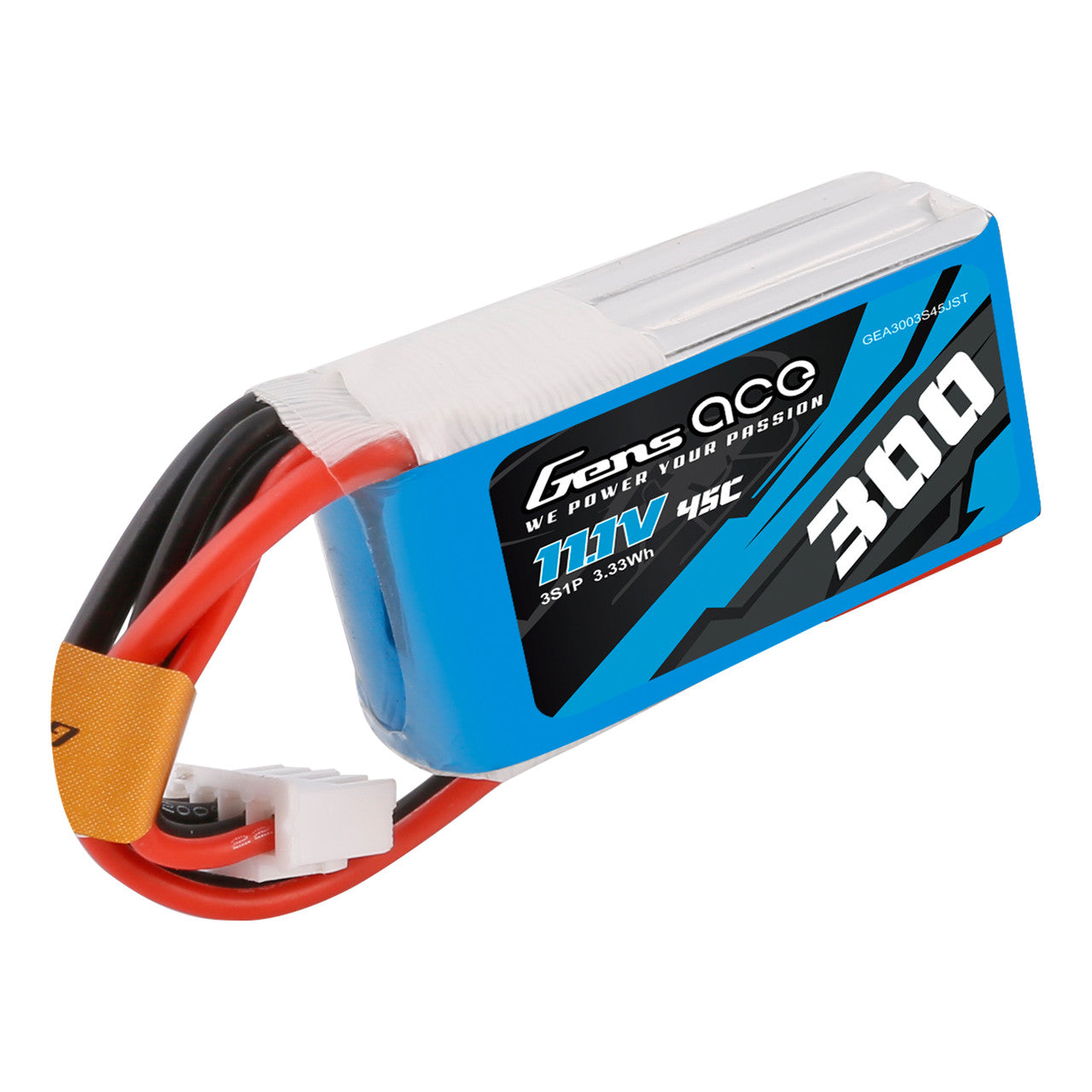 Gens ace 300mAh 3S 11.1V 45C LiPo battery with red/black leads, yellow power plug and white balance connector